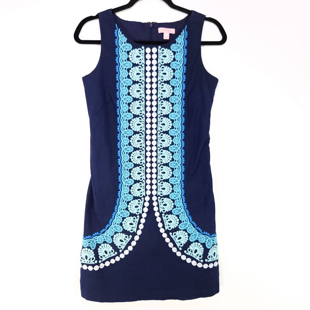 Lilly Pulitzer Sheath Dress Size 0 Embroidered Front Fully Lined Sleeveless
